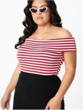 Unique Vintage Red & White Striped Off-Shoulder Top